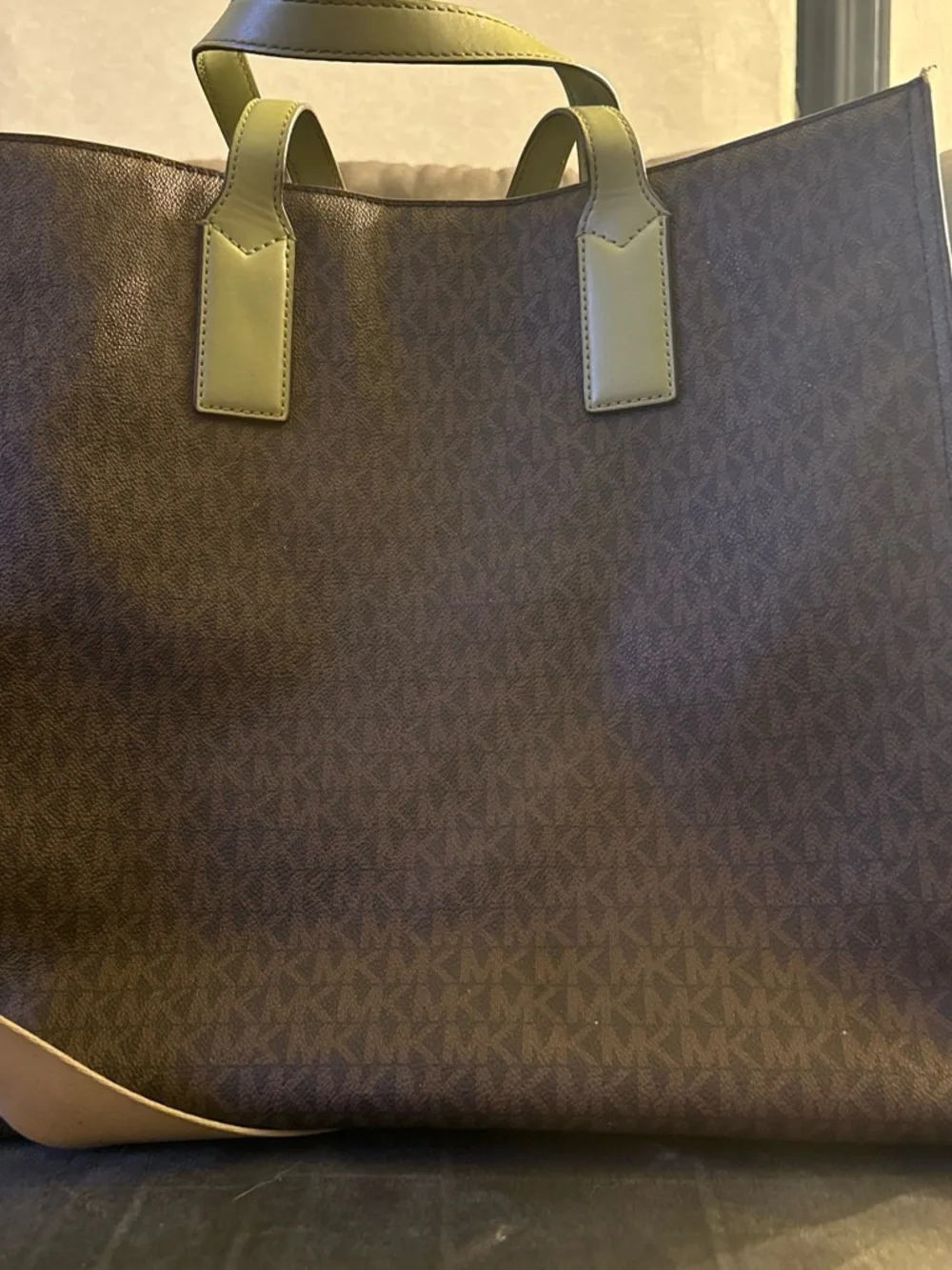 Michael Kors Brown Leather Messenger Tote with Olive Trim & Tan Strap